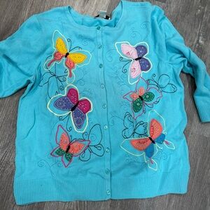CJ Banks Turquoise Cardigan with Butterfly Embroidery